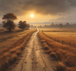 Obraz premium Illustration of misty road through a brown field.