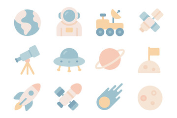 Space exploration icons vector illustration: flat style design for posters and educational materials