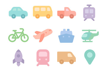 Transportation icons vector illustration for design and print in pastel flat style