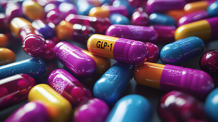 Colorful pharmaceutical capsules representing GLP-1 weight management solutions, illustrating innovative diabetes and obesity treatment, medication, and health supplement concept. 58517343 3