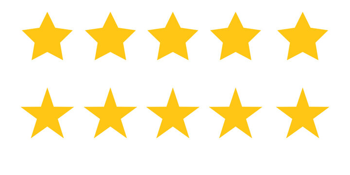 Five stars customer product review icon set, featuring yellow 5-star rating flat icons for apps and websites. Represents quality, customer rating, and feedback in transparent PNG and vector format.