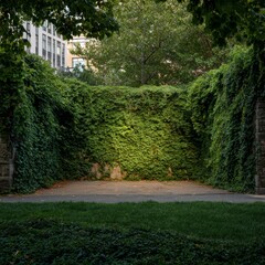 Naklejka premium Green Ivy Covered Wall with Illuminated Patch in Urban Park