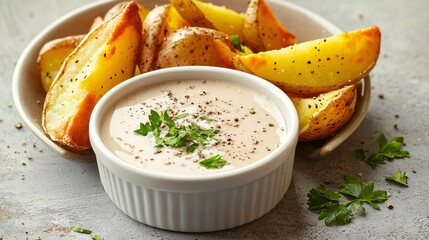 Ranch dressing served in a ramekin alongside crispy potato wedges, with a light sprinkle of black pepper and fresh herbs.