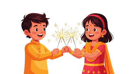 A cheerful boy and girl are celebrating Diwali by lighting sparklers, embodying the joyous spirit of the festival with festive attire.