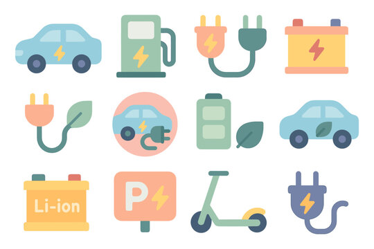 Eco-friendly energy vector illustration: electric vehicles and charging elements in flat style for design and posters