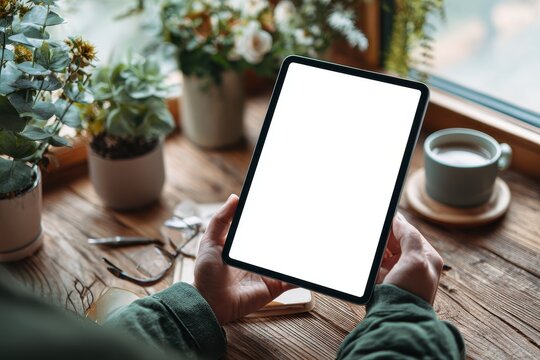 Hands holding a tablet with blank screen, surrounded by plants and a coffee cup - Powered by Adobe