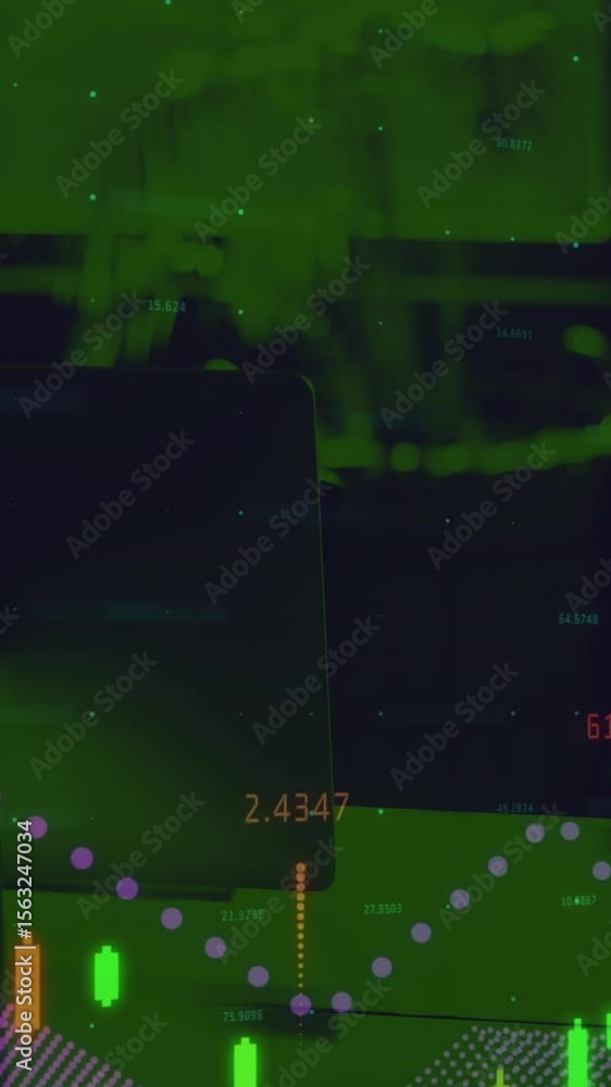 Poster digital composite video of financial data processing against empty office