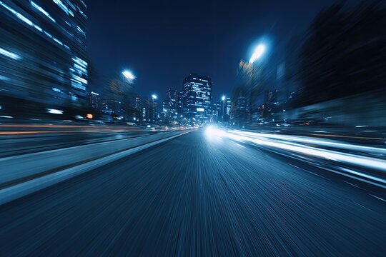 Night city street at high speed. Blurry motion of cars and buildings