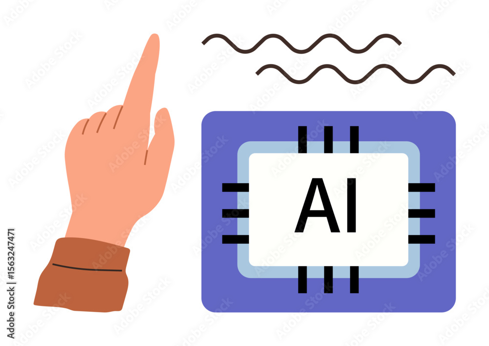 Poster hand gesturing toward an ai microchip with wavy lines indicating signals or communication. ideal for