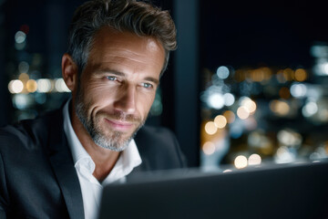 Professional man working late at night on a laptop with city lights in the background