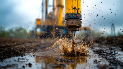 Drilling rig actively operating with muddy water splashing around, symbolizing artesian well maintenance, water well drilling process, and industrial resource management in outdoor environme27995166 2