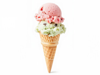 isolated white background Ice cream cone with pink and green scoops on white background  