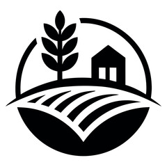 Black and White Logo of a Farmhouse, Wheat Plant, and Field Surrounded by Circle