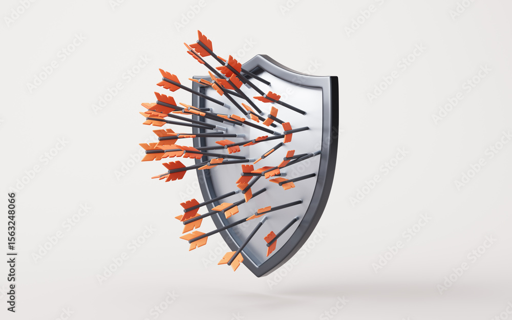 Poster a shield deflecting the incoming arrows, 3d rendering.