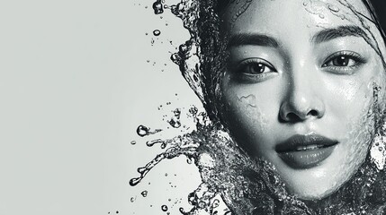 High contrast portrait of Asian woman with dynamic water splash surrounding face, symbolizing hydration, freshness, and futuristic skincare innovation in a bold visual style