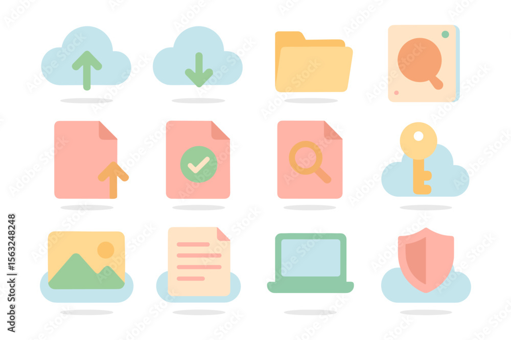 Poster cloud storage vector illustration: flat icon set for digital technology and data management design