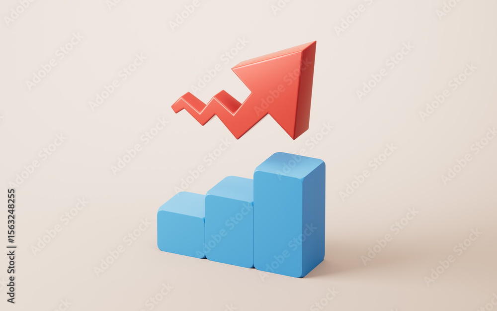 Poster a bar chart and an upward arrow, 3d rendering.