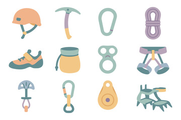 Climbing equipment vector illustration: flat style gear set for adventure design