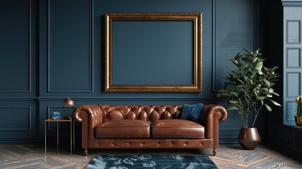 Obraz premium A living room with a leather couch and a large framed picture