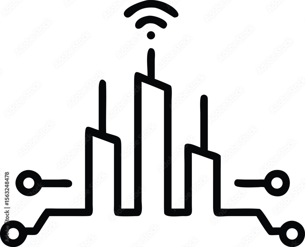 Poster simple of city skyline with wifi signal and tech circuit concept