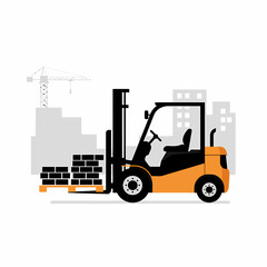 Orange forklift transporting bricks on a pallet at a construction site, with a crane and city skyline in the background.