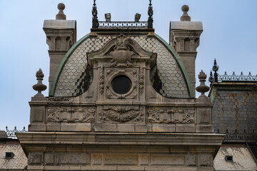 Massandra Palace of Emperor Alexander III. Ornate architectural facade with intricate stone...