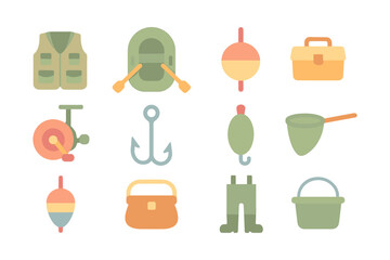Fishing equipment vector illustration: essential gear in flat style for posters and designs
