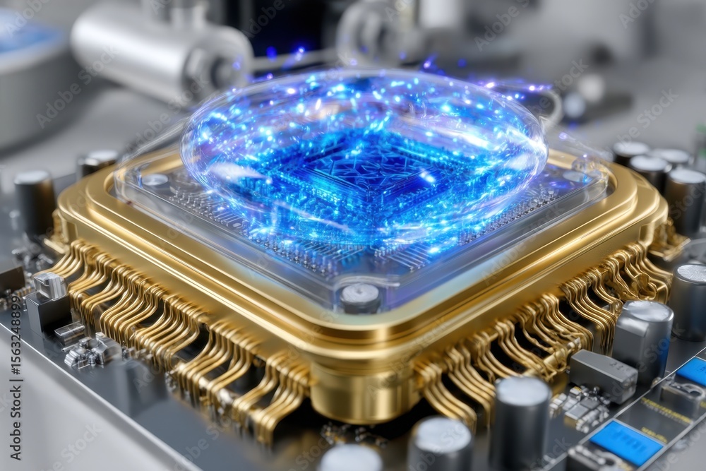 Poster quantum processor creating energy waves in a futuristic computing environment
