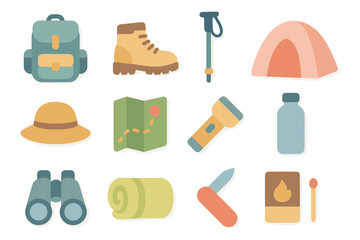 Camping adventure gear vector illustration in flat style for outdoor enthusiasts