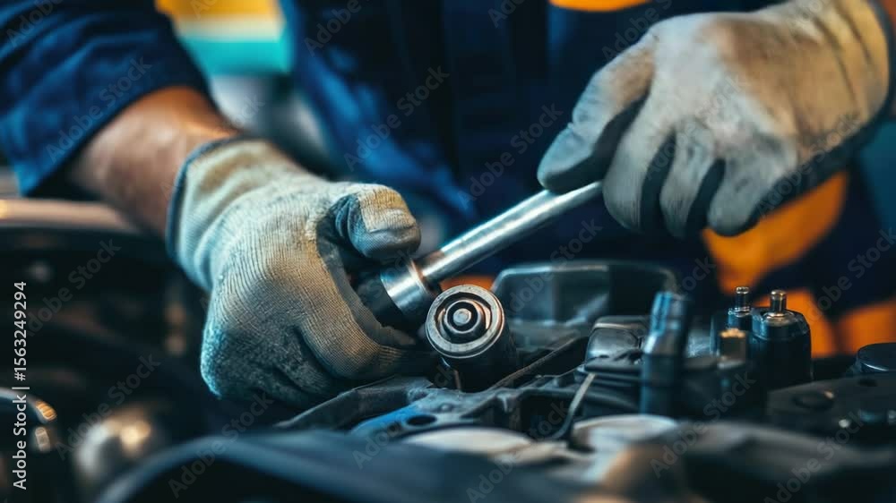 Aufkleber a close-up shot of a mechanic working on a car's engine, with tools and parts scattered around