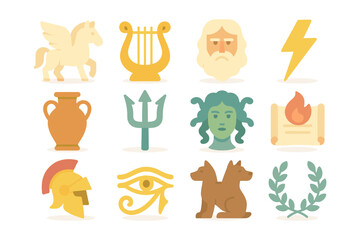 Greek mythology icon set vector illustration for educational poster or web design in flat style