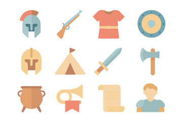 Ancient warfare icons vector illustration: historical symbols for design in flat style