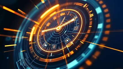 Futuristic digital clock interface with glowing elements, showcasing time and technology in motion - Powered by Adobe