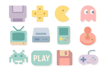 Retro video game icons vector illustration: nostalgic gaming design for posters and prints in flat style