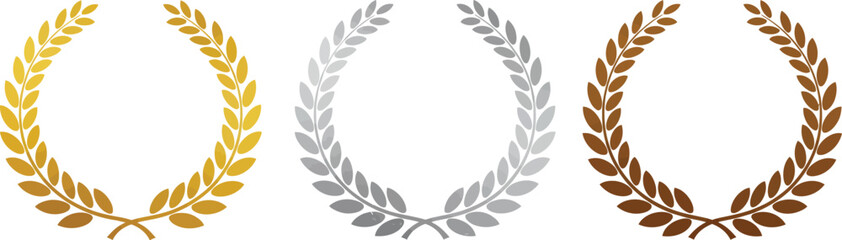 Minimalist vector laurel wreath set with gold, silver, and bronze leaves, classic badge style for awards and achievement design