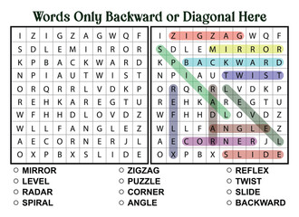 Word Search Puzzle with Backward and Diagonal Words Highlighted