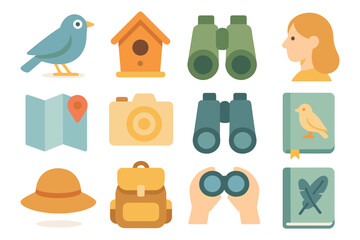 Birdwatching adventure vector illustration: flat design elements for travel and nature enthusiasts