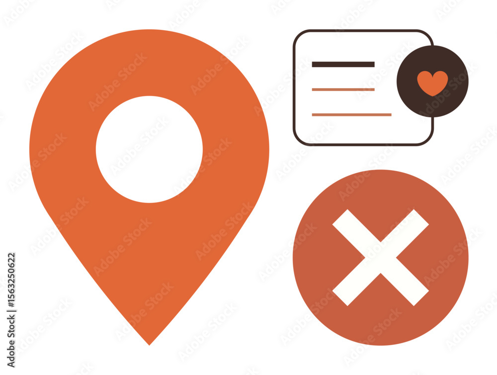 Poster orange map marker, cancel icon, message bubble with heart symbolizing geolocation, rejection, notifi