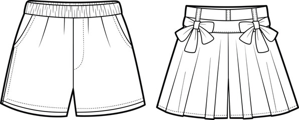 Vector fashion flat sketch of girls shorts set, includes basic and pleated designs, bow detail, kids clothing template, technical drawing, stylish apparel illustration.