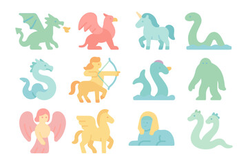 Mythical creatures vector illustration in flat style for fantasy design