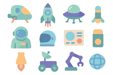 Space exploration icons vector illustration: flat style for tech designs and educational materials