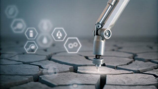 A robotic arm analyzes cracked, dry soil with digital icons hovering, symbolizing technology in environmental monitoring.