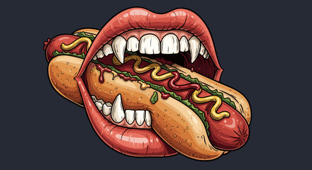 Ravenous hungry mouth with sharp teeth biting down on a delicious American footlong hotdog  - isolated color background illustration