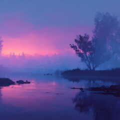 Serene Misty Sunset Over Tranquil River with Silhouetted Trees