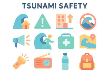 Tsunami safety icons vector illustration - flat style design for emergency preparedness poster