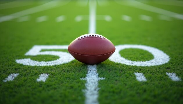 Close-up of an American football on the 50-yard line of a grassy field. A focused sports scene symbolizing competition, strategy, and game-day atmosphere. Perfect for athletic and event-based content.