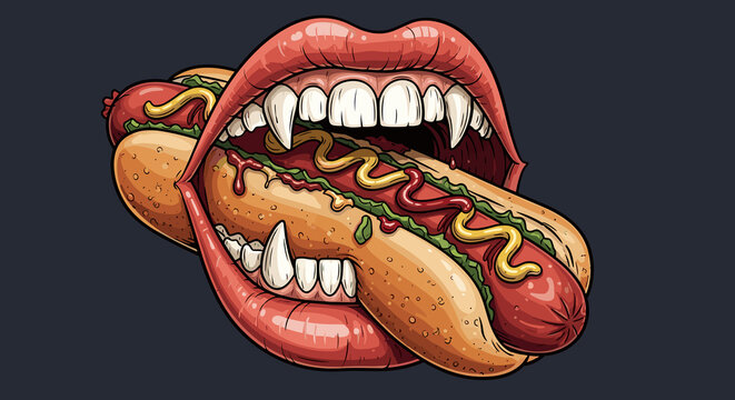 Ravenous hungry mouth with sharp teeth biting down on a delicious American footlong hotdog  - isolated color background illustration