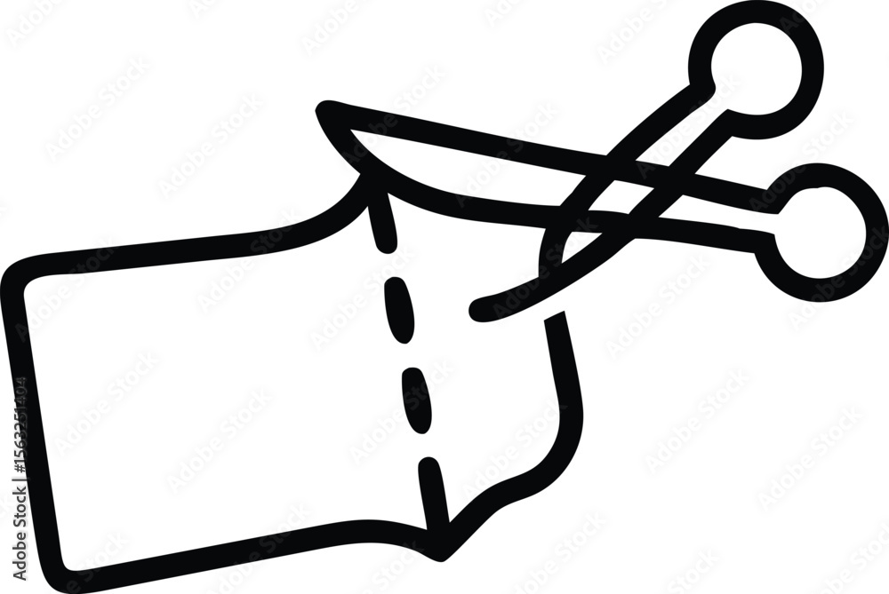 Poster simple outline of scissors cutting fabric with dotted line guides