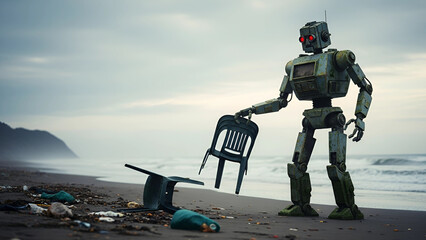 Robot Cleaning Beach Trash – AI Technology Cleaning Plastic Waste on Shore