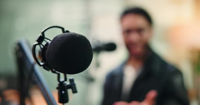 Content creation, podcast and mic for interview, online or tech for virtual journalism or broadcast. Live streaming, host and person with equipment for talk show, radio and news for website and audio